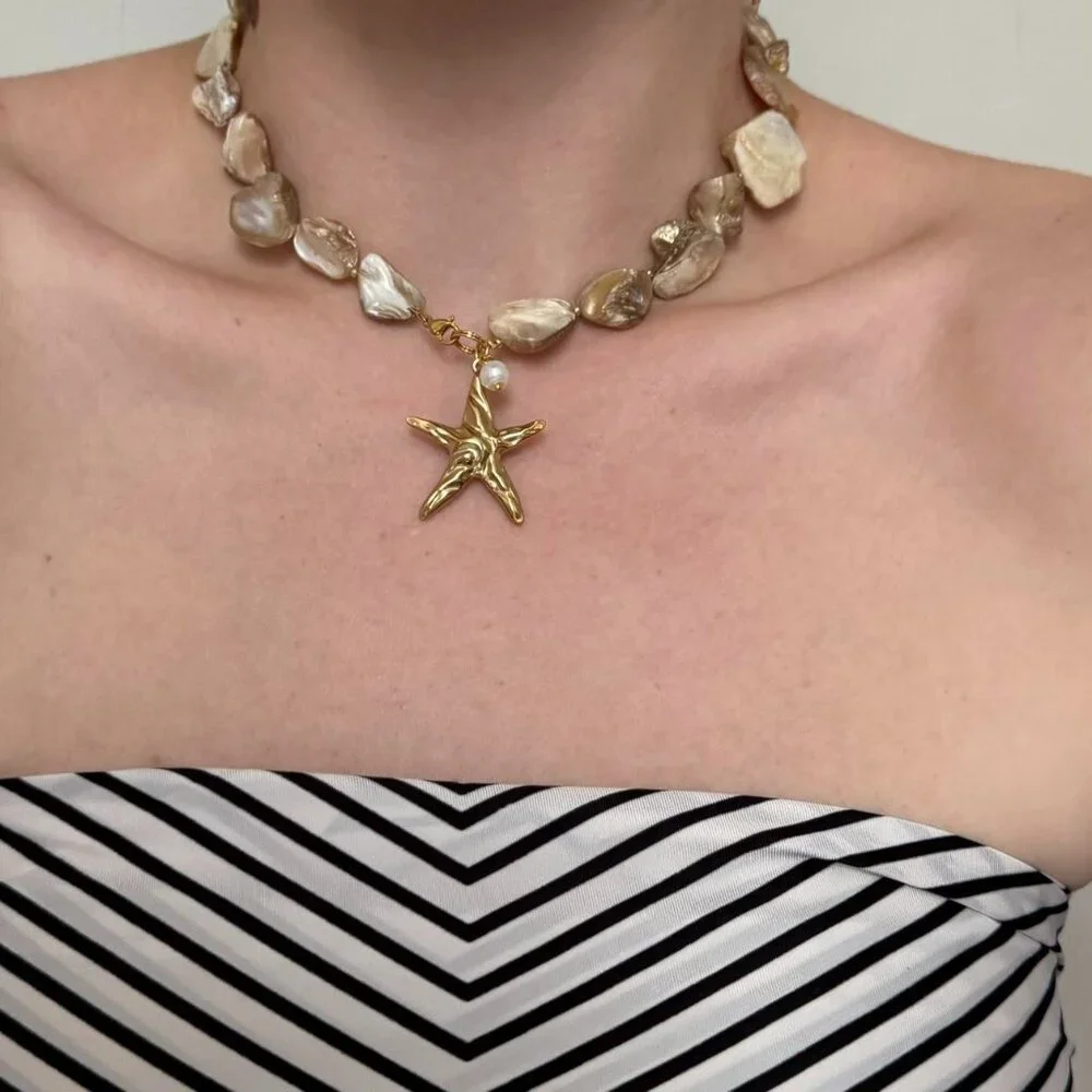 Sku:0178 vintage vibe necklace a gold pendant starfish natural cream pearl stone - Picture 1 of 5